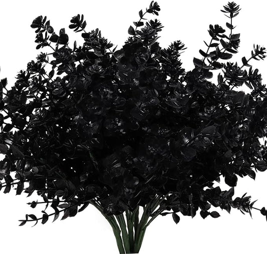 Black Artificial Flowers, Fake Outdoor UV Resistant Plants Faux Plastic Greenery Shrubs Indoor Outside Hanging Planter Home Kitchen Office Wedding, Garden Decor (Black)