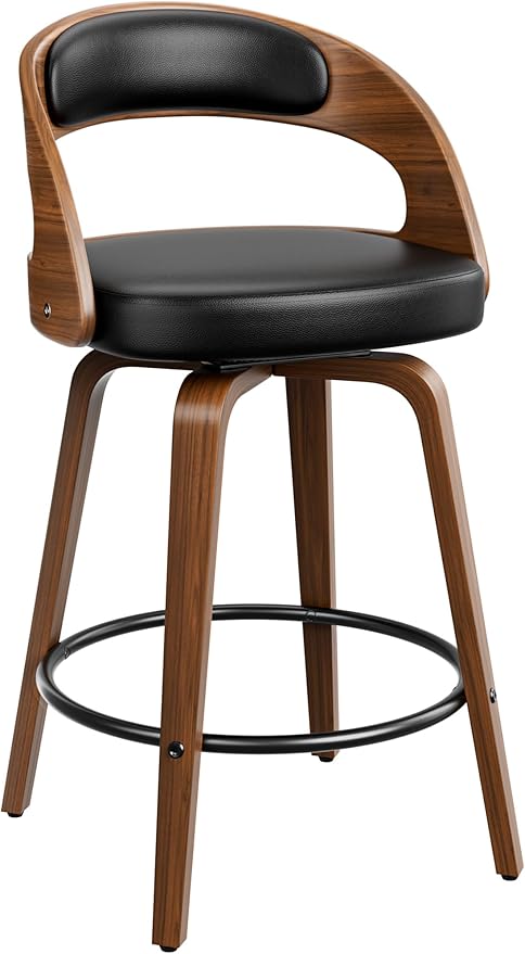 Bar Stools, 26" Counter Height Barstools with Bentwood Legs, Swivel Counter Stools with Back, Mid Century Modern Faux Leather Upholstered Bar Chairs for Kitchen Island, Black