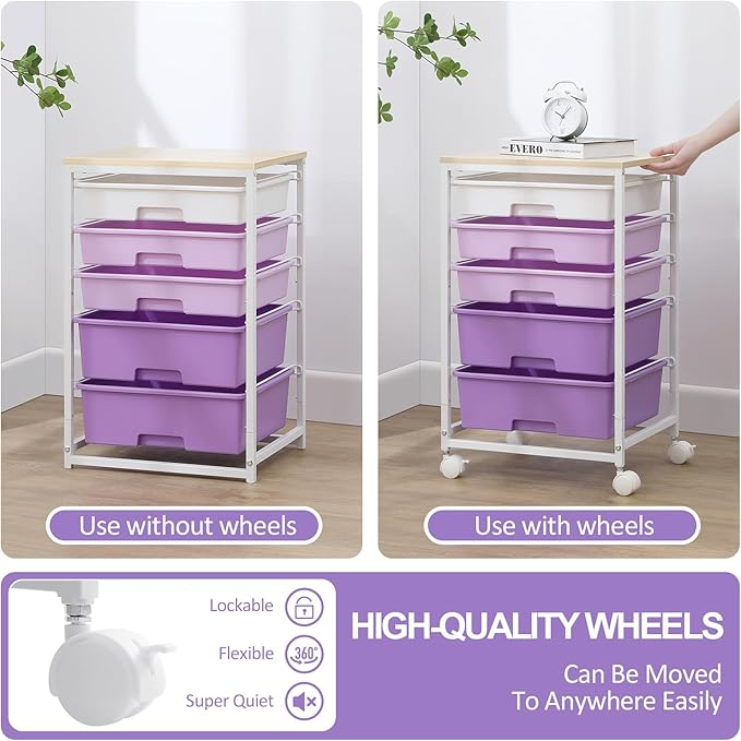 Utility Cart with 5 Drawers,Storage Drawer Cart with Wooden Tabletop and Lockable Wheels,Craft Storage Trolley Cart,5-Tier Rolling Utility Cart on Wheels,Purple