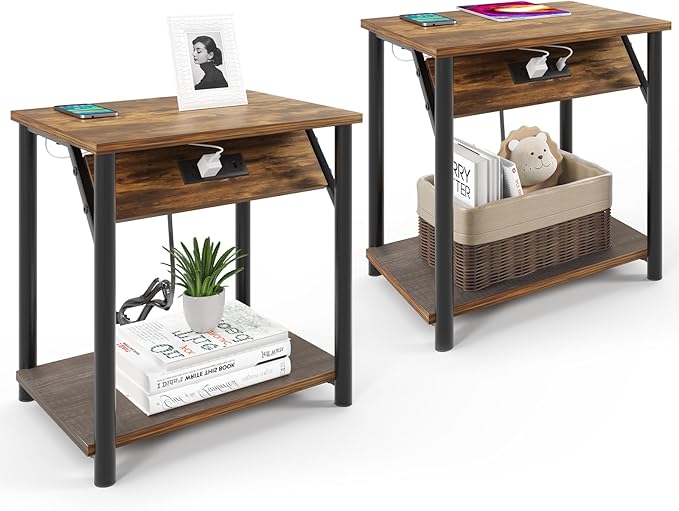 Night Stands Set of 2, Small End Tables with Charging Station, Small Side Tables for Living Room, Bedside Tables with 2-Tier Storage Shelf, Nightstand with Outlets and USB Ports, Rustic Brown/Black