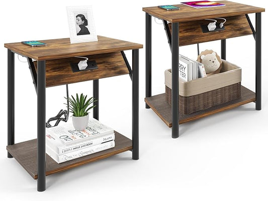 Night Stands Set of 2, Small End Tables with Charging Station, Small Side Tables for Living Room, Bedside Tables with 2-Tier Storage Shelf, Nightstand with Outlets and USB Ports, Rustic Brown/Black