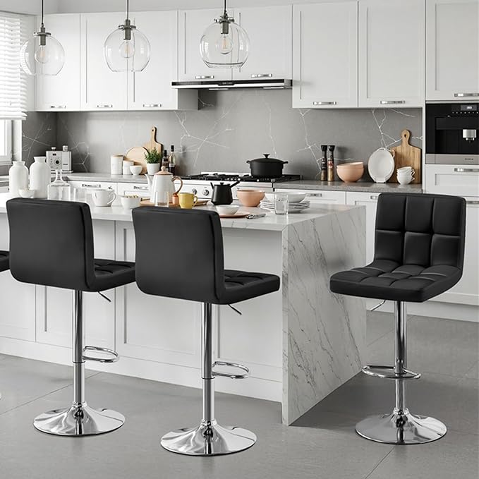 Yaheetech Bar Stools Set of 3, Adjustable PU Leather Swivel Barstools, Modern Counter Stools with Back and Footrest, Counter Height Barstools for Bar, Kitchen, Dining Room, Black