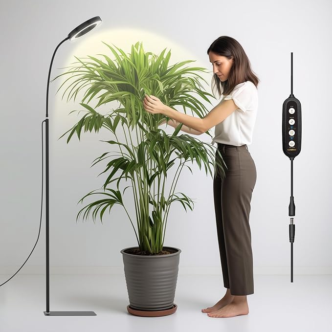 GLOWRIUM Grow Lights for Indoor Plants,20W Full Spectrum LED Plant Light with Stand,Adjustable Height,3/9/12H Timer,6 Dimmable Levels & 3 Lighting Modes (Black-Single Head)