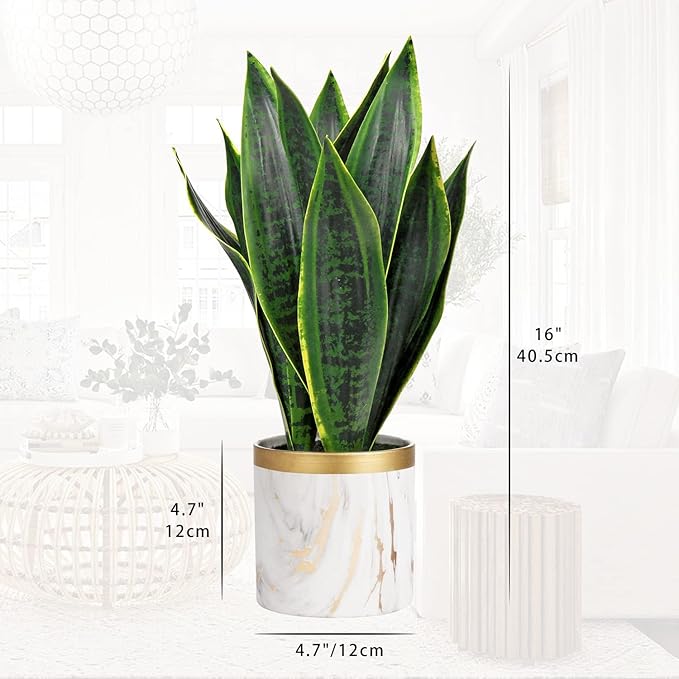 Briful Fake Snake Plant 16" Faux Potted Plant Artificial Snake Plant with White Ceramic Pot Sansevieria Plant Perfect for House Modern Living Room Office Housewarming Gift Indoor Decor