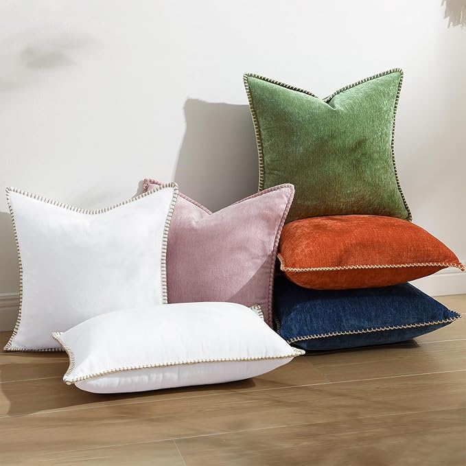 decorUhome Fall Chenille Soft Throw Pillow Covers 22x22 Set of 2, Farmhouse Velvet Neutral Decorative Euro Pillow Covers with Stitched Edge for Couch Sofa Bed Home Decor, Forest Elf