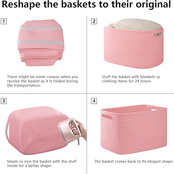 OIAHOMY 4 Pack Storage Baskets for Organizing, Cube Storage Bins for Shelves, Rectangle Storage Baskets With Handles, Woven Baskets for Storage, 12.7''Lx9''Wx7.8''H, Pink