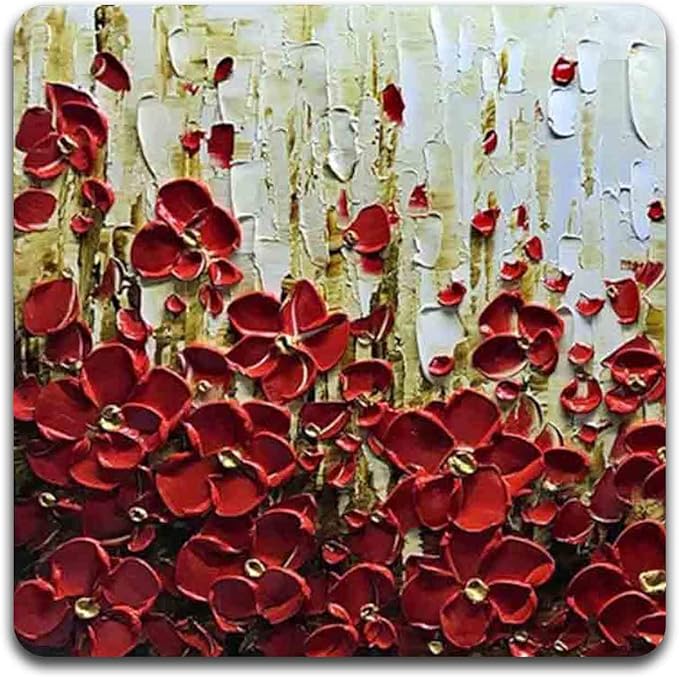 Red Oil Painting Square Coaster Set - Made of Recycled Rubber - Set of 4