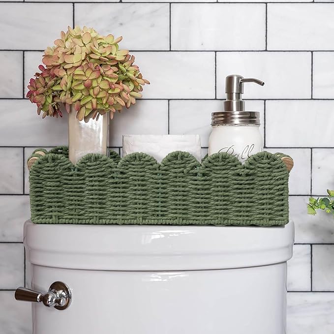 CubesLand Scalloped Decor Basket for Living Room, Home, Bathroom, 2SAME SIZE Paper Rope Basket, Toilet Storage Baskets for Over Toilet Storage Shelf, Cozy Woven Basket Both Storage&Decor, Green