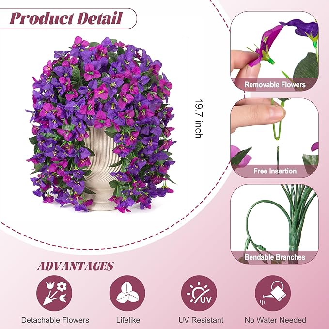 2 pcs Artificial Faux Bougainvillea Flowers Plants for Outdoor Outside Summer Decoration, Fake Silk UV Resistant Long Trailing Vines for Front Door Porch Planter Balcony, Deep Purple Deep Lotus