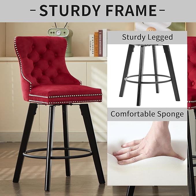 YISHENG Modern Swivel 27" H Seat Set of 2 Velvet Barstools with Backrest and Footrest,Button Tufted Rivet Trim Dining Room Chairs with Metal Pull Ring for Kitchen Island，Bistro, Home Bar，Red