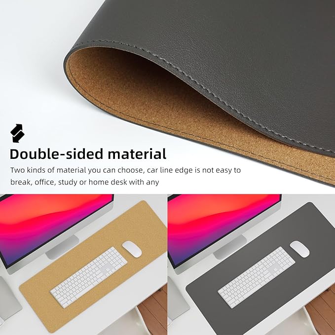 Leather Desk pad Protector, Large Desk mat with Natural Cork & PU Leather,Mouse pad,Non-Slip Office Desk Mat,Waterproof Desk Writing Pad for Office and Home (47in*23.7in,Dark Grey)