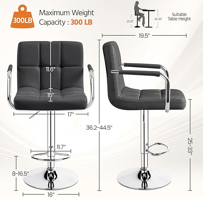 Yaheetech Bar Stools Set of 4, PU Leather Adjustable Barstools with Armrest, Counter Height Stool Chairs with Thickened Seat Cushion for Kitchen Island, Grey