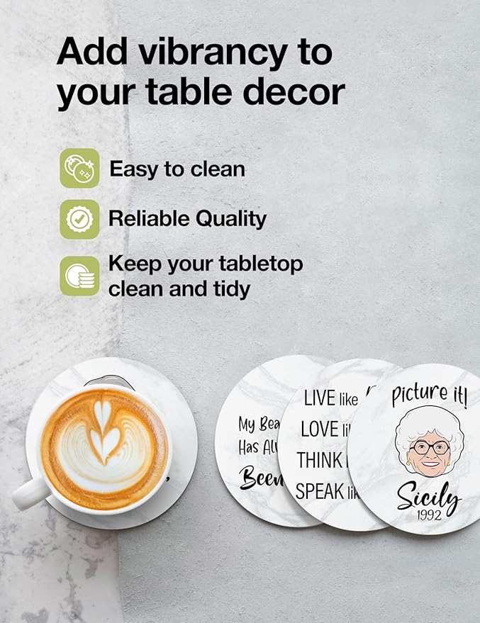 Funny Golden Girls Coasters for Drinks Set of 6 with Holder, Cork Coasters for Coffee Table, Golden Girls Gifts for Women Fans Housewarming Gifts