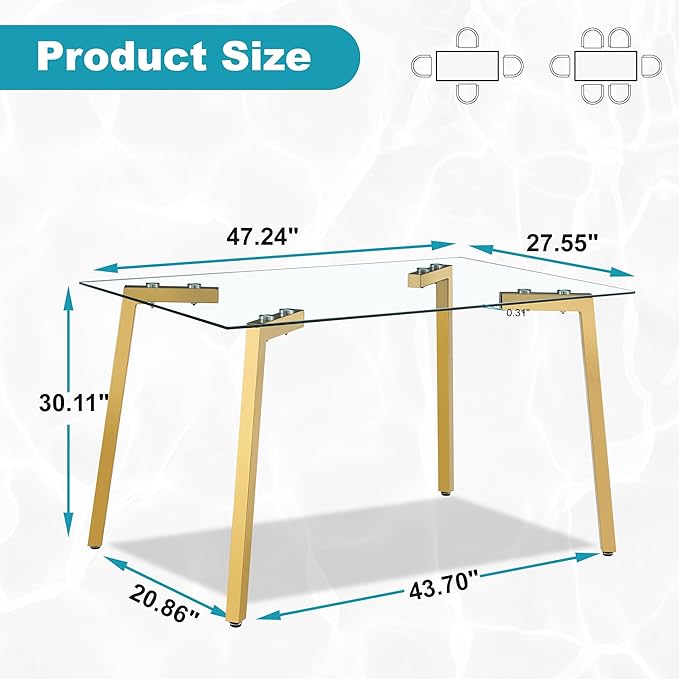 Dining Table for 6 Kitchen Table 51" Rectangular Modern Glass Dining Table Kitchen & Dining Room Tables with Glass Tabletop and Metal Legs for Dining Room and Kitchen, Gold