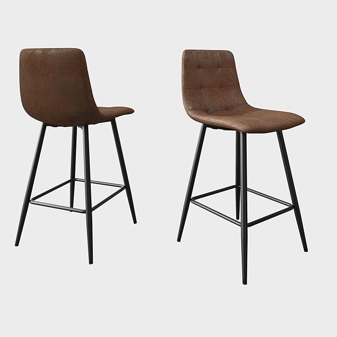 Counter Height Bar Stools Set of 2,Modern Techno-Fabric Barstools, 24.4 inch Seat Height Island Stools,Comfortable Brown Bar Chairs with Metal Legs