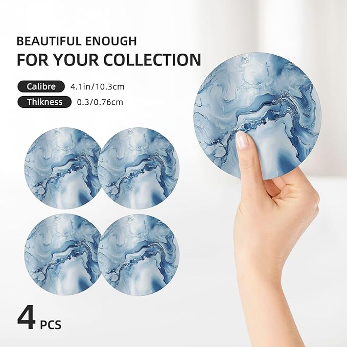 White Blue Marble Coasters for Drinks Absorbent Ceramic Coaster Set of 4 for Coffee Table Cup Bar Desk Round Coasters Mat with Cork Base Seasonal Home Decors