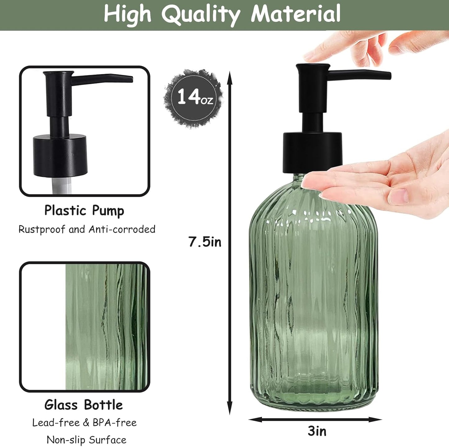 Green Glass Soap Dispenser Set with Black Pump, 13.5oz Refillable Liquid Hand Soap Dispenser, Lotion Dish Soap Dispenser for Modern Home Decor, Bathroom, Kitchen Countertop, Hotel(2 Pack)