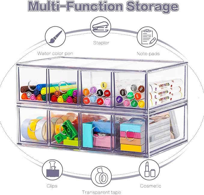 Desk Organizer with 8 Drawers, FODIENS 2 Packs Stackable Desktop Storage Box with Removable Drawer, Clear Sunglasses Organizer Display Case for Stationery Marker Pens Eyeglasses Office Supply