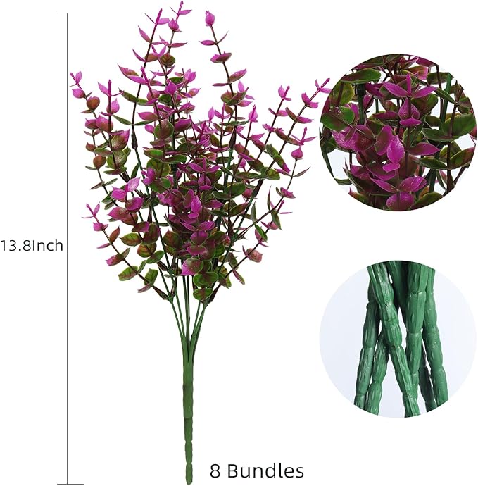 RECUTMS Artificial Flowers, Fake Outdoor UV Resistant Plants Faux Plastic Greenery Shrubs Indoor Outside Hanging Planter Home Kitchen Office Wedding, Garden Decor(Fuchsia Eucalyptus)