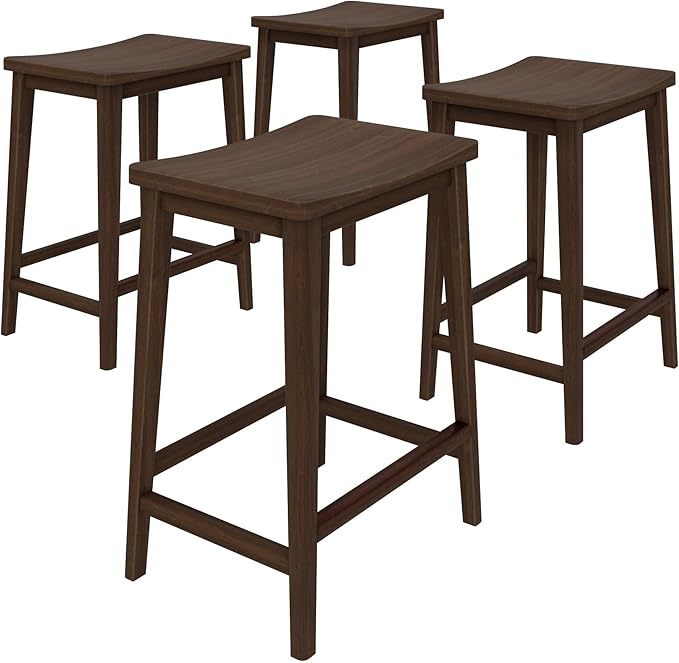 Plank+Beam Smythe Counter Stool, 24", Set of 4, Sturdy Wood Modern Kitchen Counter Height Stool, Saddle Seat Backless Counter Chair, Metal Footrest, Walnut