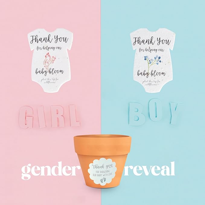 Set of 6 Seed Paper – 6 Pink Onesie & 6 Orange Pots with Stickers for Baby Shower, Gender Reveal, Birthday, Mother's Day & Other Milestone Celebrations