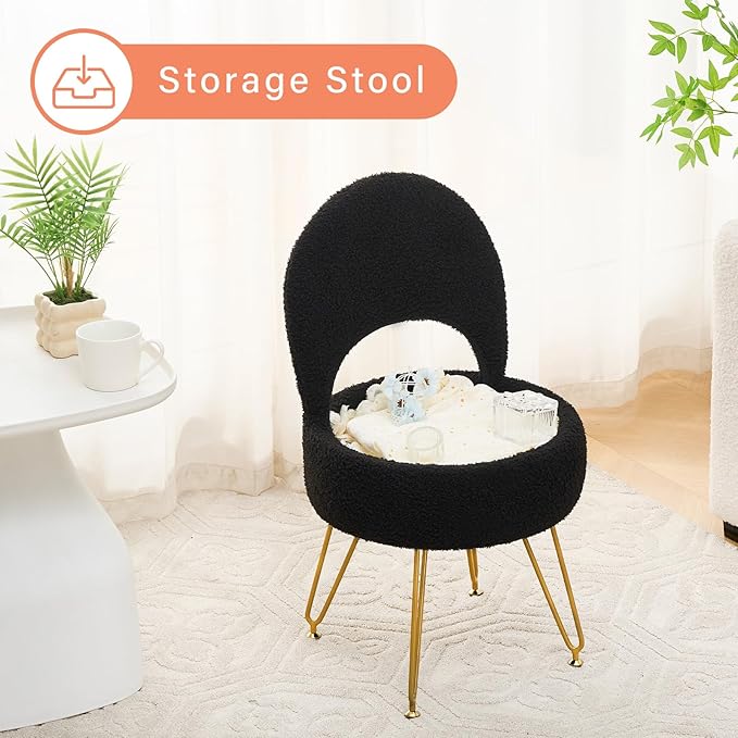 Storage Ottoman Vanity Stool Chair with Folding Back Teddy Velvet Makeup Chair Multifunctional Upholstered Footstool for Bathroom Vanity Bedroom Living Room Entryway