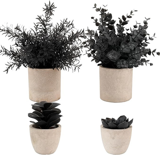ALAGIRLS 4 Packs Fake Plants Small Artificial Plants Indoor Black Eucalyptus Rosemary Succulents Plants Potted Faux Plants for Home Indoor Office Bathroom Living Room Decor