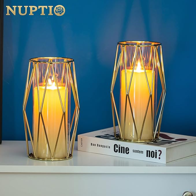 Nuptio Gold Pillar Candle Holder: Glass Hurricane Candles Holders with Geometric Metal Rack Stand for Wedding Birthday Party Centerpieces - Decorative Flower Vase for Office Living Room
