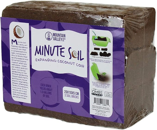 Minute Soil - Compressed Coco Coir Fiber Grow Medium - 3 Bricks = 4.5 Gallons of Potting Soil - Seed Starting, Gardening, House Plants, Flowers, Microgreens, Wheatgrass - Add Water - Peat Free - OMRI