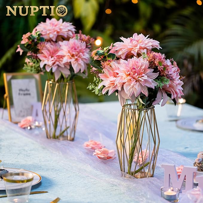 Nuptio Gold Pillar Candle Holder: Glass Hurricane Candles Holders with Geometric Metal Rack Stand for Wedding Birthday Party Centerpieces - Decorative Flower Vase for Office Living Room