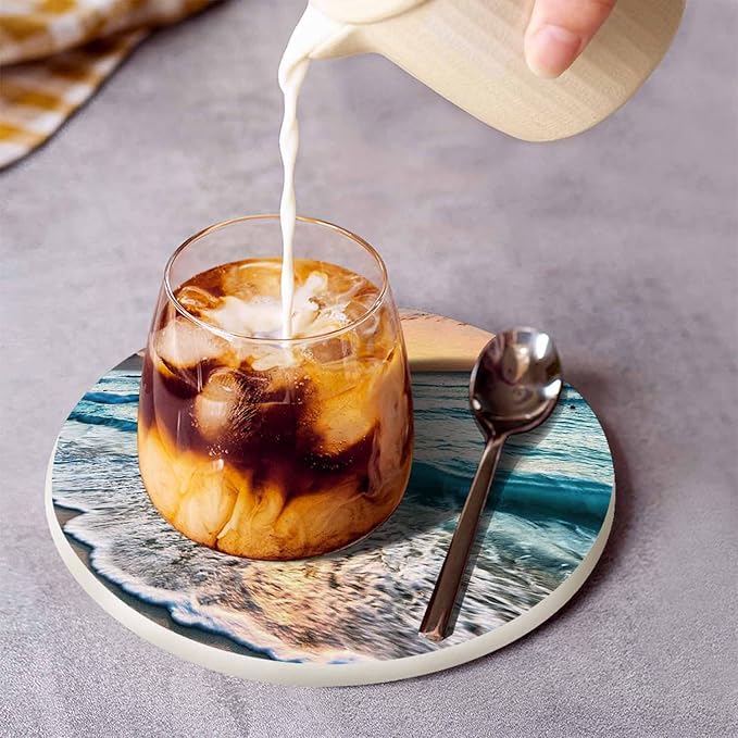 Beautiful Sea Wave and Sky at Sunset Cup Coasters for Table Clear Coast Beach Seascape Summer Travel Reusable Drink Coasters Set 2 Pcs Coffee Home Farmhouse Living Room Bar Decor