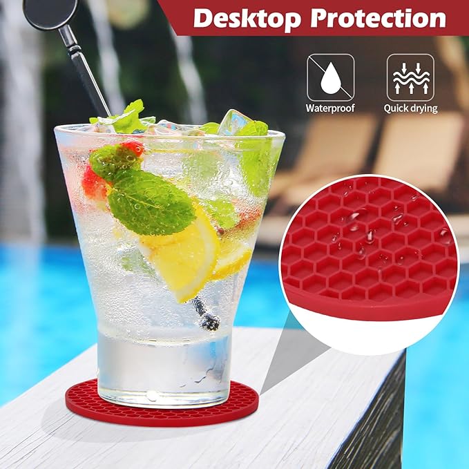 Silicone Coaster Set of 16 with Holder, Drinks Coasters, Suitable for Hot or Cold Cups, Anti-Slip, Non-Stick, Anti-Overflow Tabletop Protection and Decor (Wine Red, 16 Pcs)