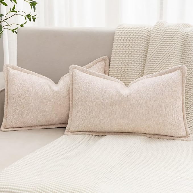 Beige Decorative Throw Pillow Covers 12x20 Inch Set of 2 Cozy Soild Chenille Cushion Cases Soft Textured Lumbar Couch Pillows Cover Boho Accent Farmhouse Pillowcases for Sofa Bed