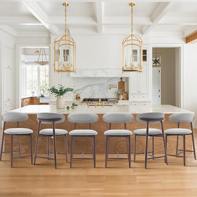 COLAMY Bar Stools Set of 6, Counter Height Bar Stools, Upholstered Counter Stools with Wood Legs for Kitchen Island Dining Room Bar, Light Grey