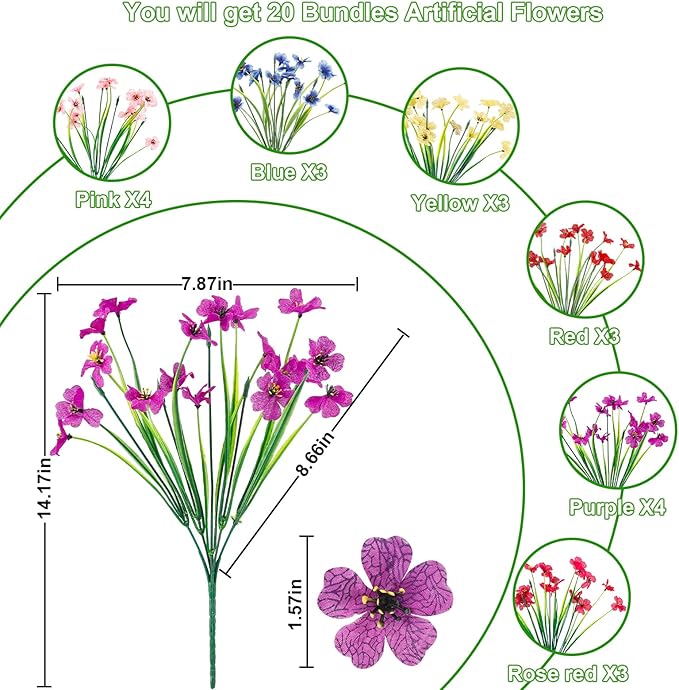 20 Bundles Artificial Flowers for Outdoors or Indoor Garden Home Decoration,No Fade Fake Flowers Faux Plants for Decoration Hanging Planters,Porch Window Box Garden Wedding Farmhouse Fake Plants