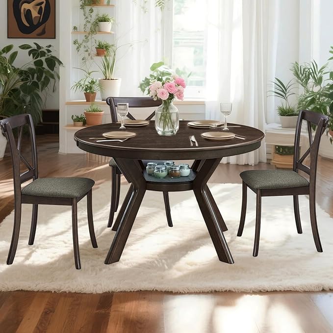 NicBex 47.24" Rubber Wood Round Dining Table for 4-6 People, Mid-Century Kitchen and Dining Table with Wooden Trestle Base, Rustic Brown Solid Wood and MDF Table for Dining Room or Living Room Brown