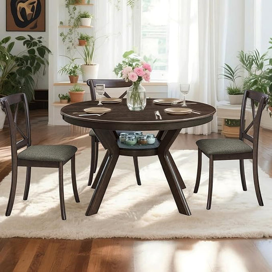 NicBex 47.24" Rubber Wood Round Dining Table for 4-6 People, Mid-Century Kitchen and Dining Table with Wooden Trestle Base, Rustic Brown Solid Wood and MDF Table for Dining Room or Living Room Brown