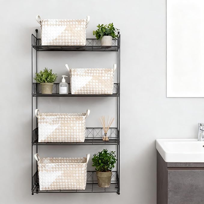 15L Laundry Baskets Waterproof Storage Baskets For Shelves Large Laundry Hamper With Leather Handle -set of 6 Cube Organizers Woven Bins for Bathroom,Bedroom,Pantry,Clothes,Car & Towels-Beige