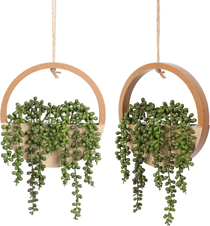 Floweroyal 2pcs Artificial Succulents Hanging Plants 12.2'' Fake String of Pearls in Pot with 8.3'' Lanyard for Indoor Outdoor Wall Decor（Wood Color）.