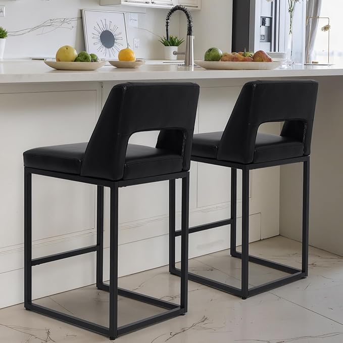 Counter Height Black Bar Stools Set of 2 for Kitchen Counter Modern Bar Chairs with Backs for Kitchen Island with Upholstered Faux Leather Seat and Metal Frame, 26 Inch