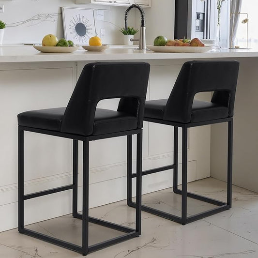 Counter Height Black Bar Stools Set of 2 for Kitchen Counter Modern Bar Chairs with Backs for Kitchen Island with Upholstered Faux Leather Seat and Metal Frame, 26 Inch