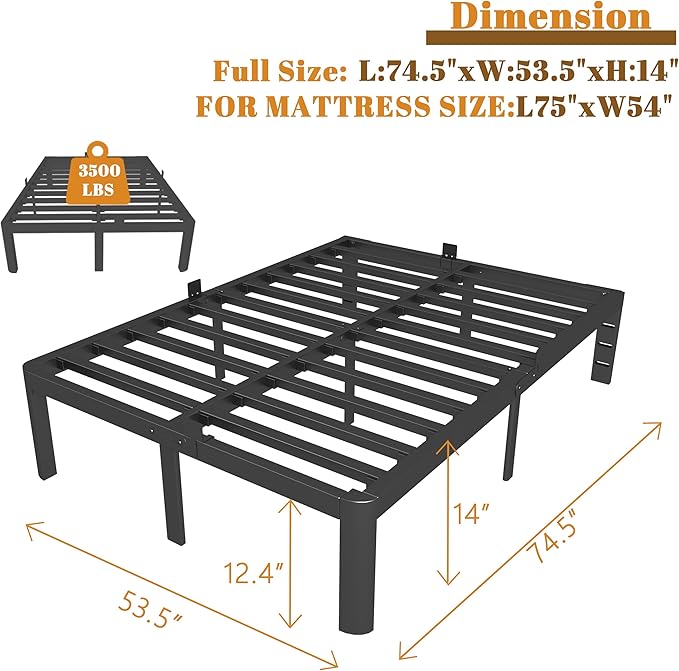 Full Size Bed Frame 14 Inch Black, Metal Bed Frame Full with Gaskets, No Box Spring Needed, Heavy Duty Steel Platform Supprt, Rounded Corner Design, Reserved Holes, Noise Free, Easy Assembly