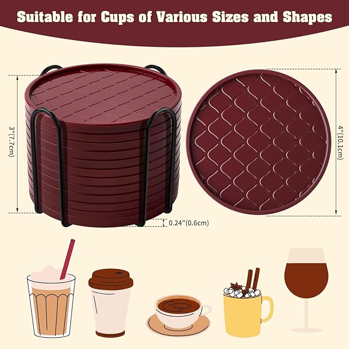 Coasters,Drink Coasters Set of 8 with Holder (Wine red, 12pcs)