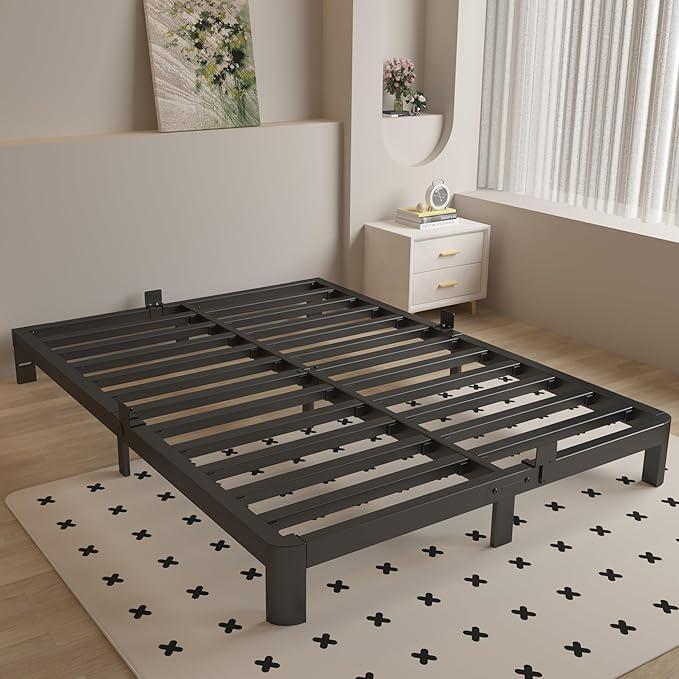 Queen Bed Frame 4 Inch Black, Metal Platform Bed Frame Queen Size with Baffles, No Box Spring Needed, Heavy Duty Steel Support, Rounded Corner Design, Reserved Holes, Noise Free, Easy Assembly