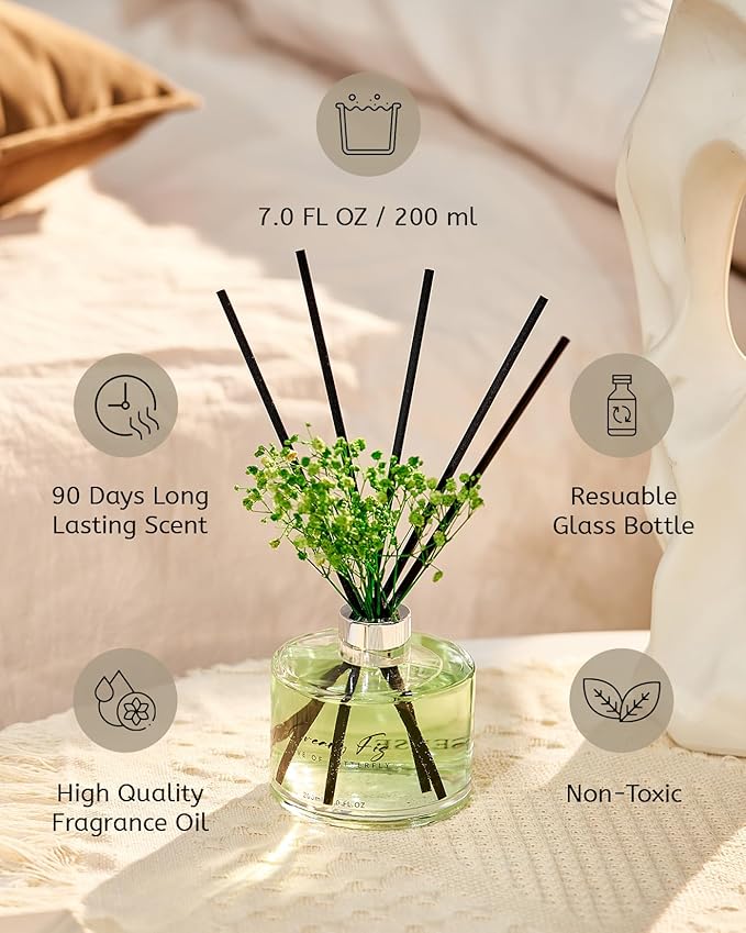 M&SENSE Reed Diffuser Set with 7 Sticks | 7.0oz Lily of The Valley & Cedarwood Scent, Flame Free Fragrance Diffuser for Guestroom Shelf, Long Lasting Floral Diffuser with Baby's Breath Flower Gifts
