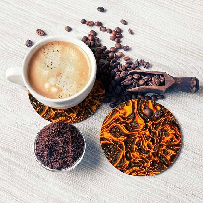 Hot Burned Fissure Coasters for Drinks Heat Lava Orange Yellow Fire Crack Stone Liquid Hell Flame for Tabletop Protection Coffee Table Living Room Kitchen Office Home Decor 2 Pcs,4 Inch
