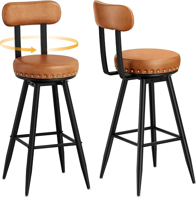 IRONCK Counter Height Bar Stools Set of 2, 26" Swivel Barstools with Backs, Hand-Riveted Design, Wide Seat, PU Leather Upholstered, Armless Bar Chairs for Kitchen Island, Brown
