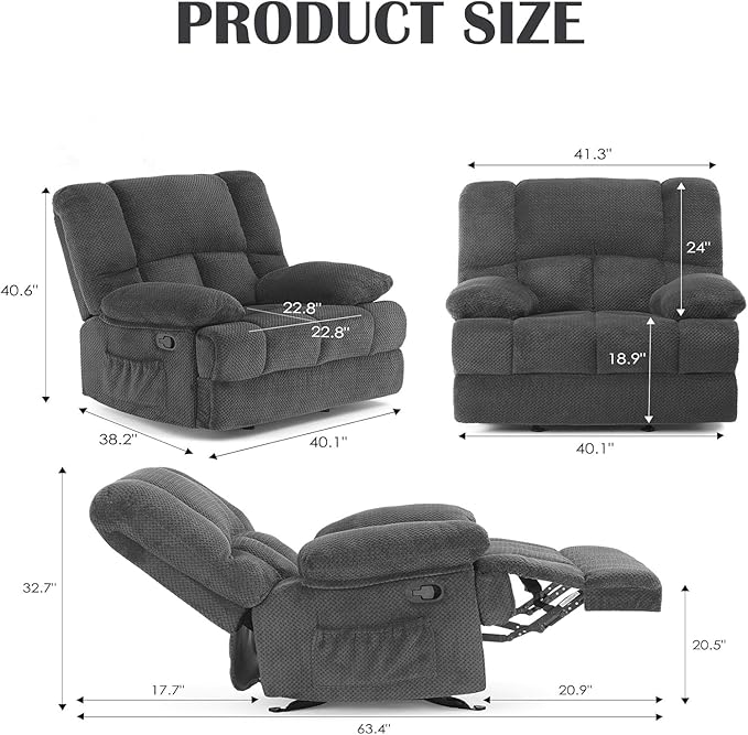 Oversized Rocker Recliner Chair, Wide Rocker Chair with Adjustable Backrest Footrest, Oversized Recliner for Adults, Reclining Sofa for Living Room, Grey