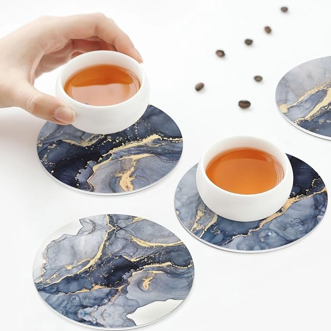 Navy Blue Gold Marble Coasters Set of 6 Coasters for Drinks Absorbent Double-Sided Leather PVC Coaster for Tabletop Protection Coffee Table Decor Ideal for Home Decor House Warming Gifts