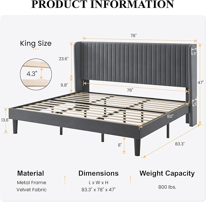 SHA CERLIN King Size Velvet Bed Frame with Vertical Channel Tufted Wingback Headboard, Upholstered Platform Bed with Wood Slats, No Box Spring Needed, Easy Assembly, Grey